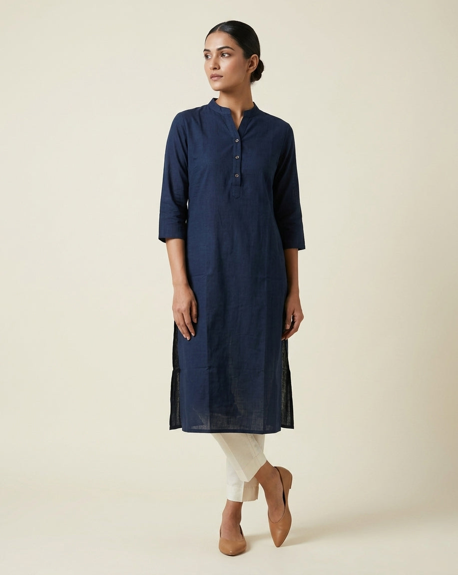 Deep Navy Solid Cotton Straight Kurta with Mandarin Collar