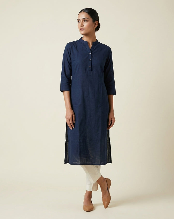 Deep Navy Solid Cotton Straight Kurta with Mandarin Collar