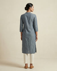 Slate Grey Melange Cotton Straight Kurta with Mandarin Collar 2