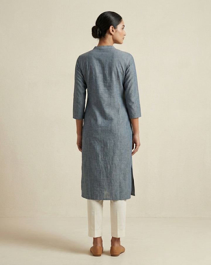 Slate Grey Melange Cotton Straight Kurta with Mandarin Collar