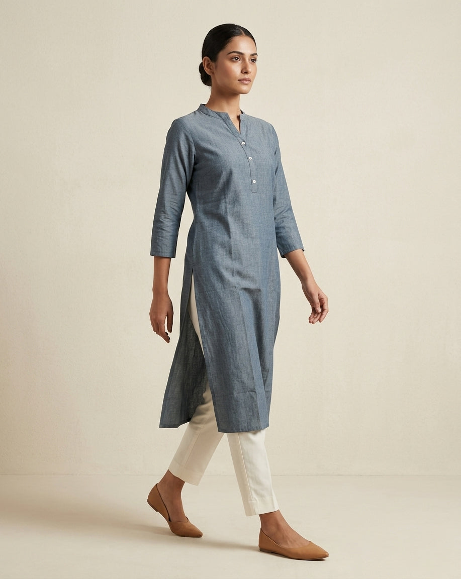 Slate Grey Melange Cotton Straight Kurta with Mandarin Collar