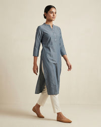 Slate Grey Melange Cotton Straight Kurta with Mandarin Collar 3