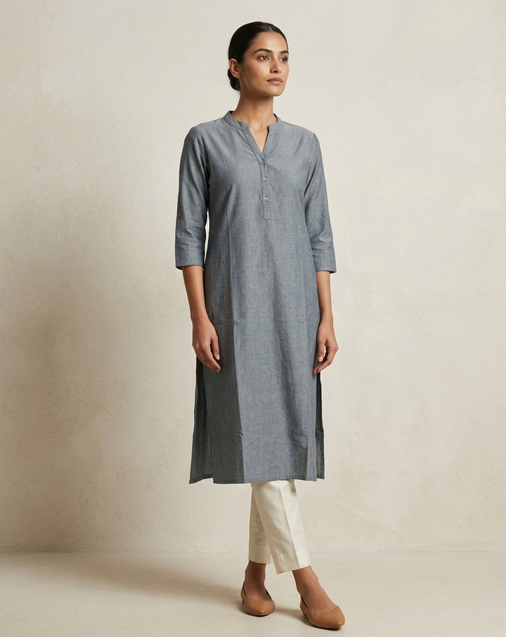 Slate Grey Melange Cotton Straight Kurta with Mandarin Collar