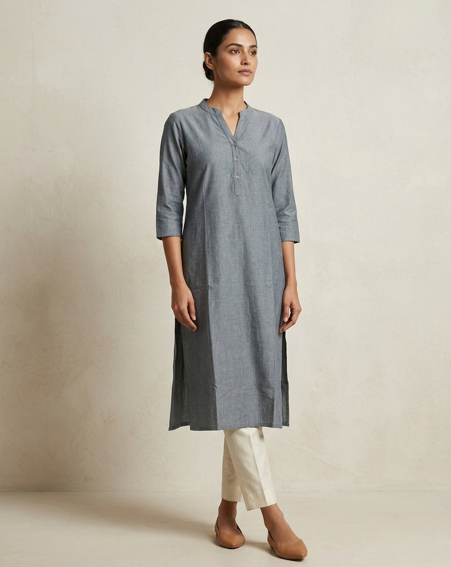 Slate Grey Melange Cotton Straight Kurta with Mandarin Collar