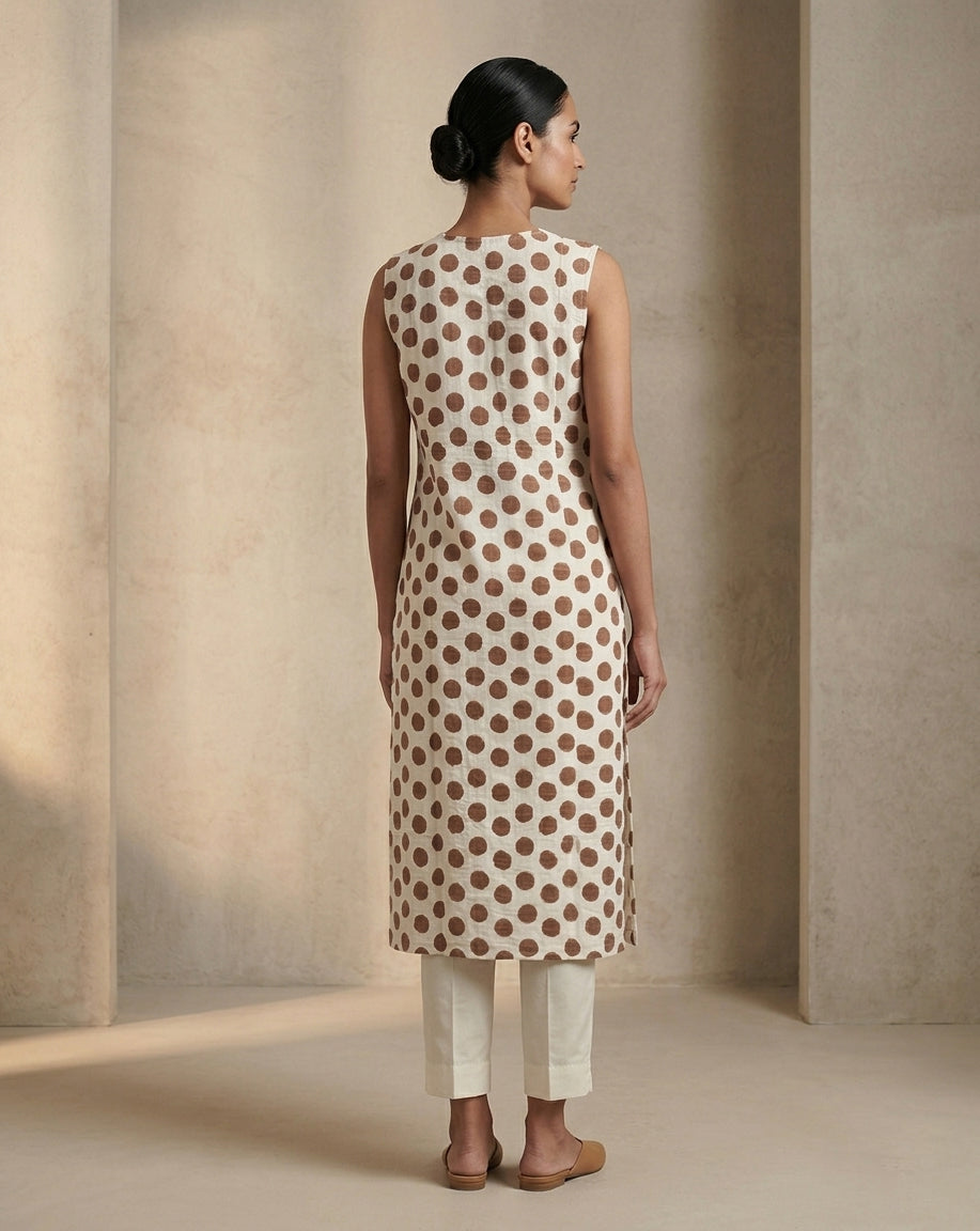 Ivory and Brown Geometric Polka Dot Printed Sleeveless Straight Kurta
