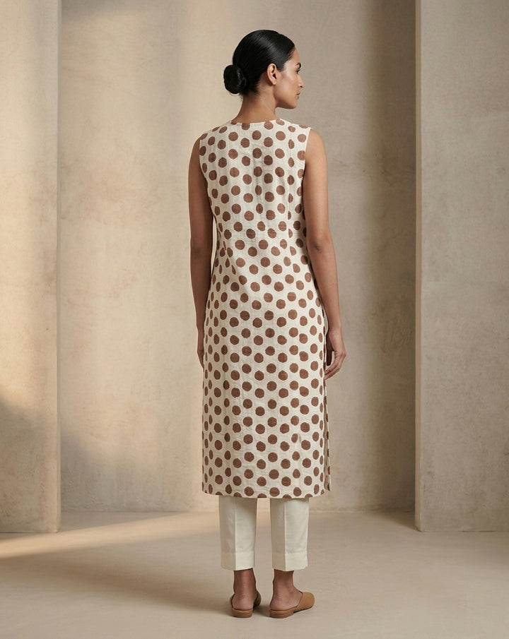Ivory and Brown Geometric Polka Dot Printed Sleeveless Straight Kurta