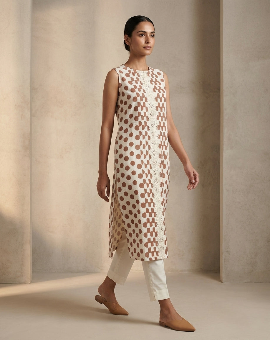 Ivory and Brown Geometric Polka Dot Printed Sleeveless Straight Kurta
