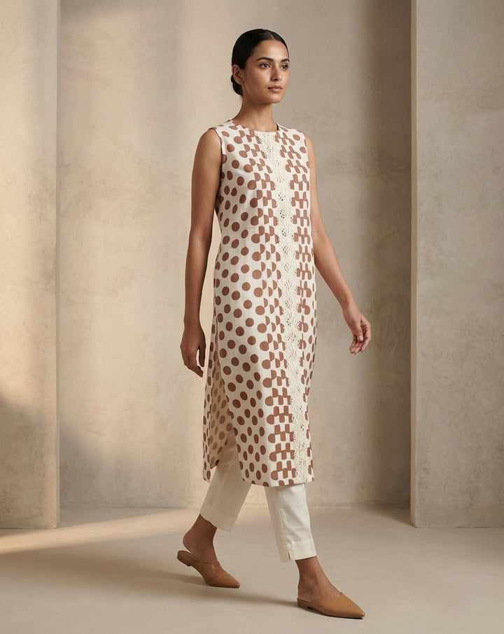 Ivory and Brown Geometric Polka Dot Printed Sleeveless Straight Kurta