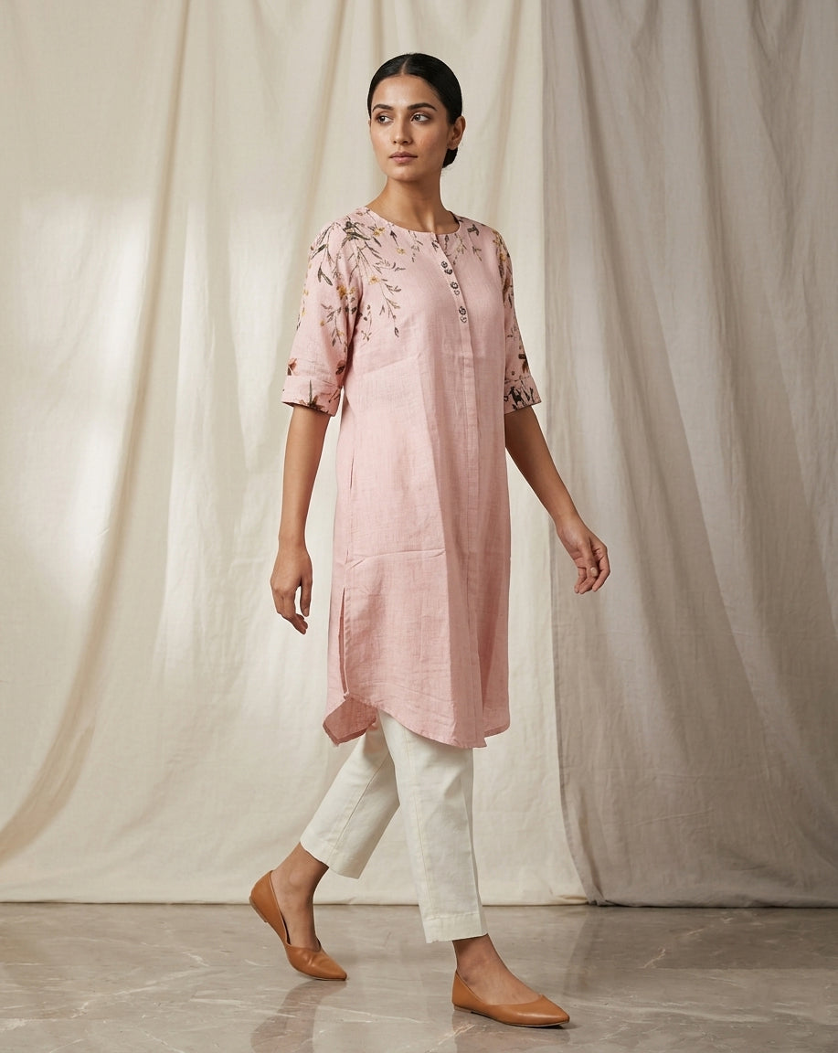 Blush Pink Floral Embroidered Cotton Straight Kurta
