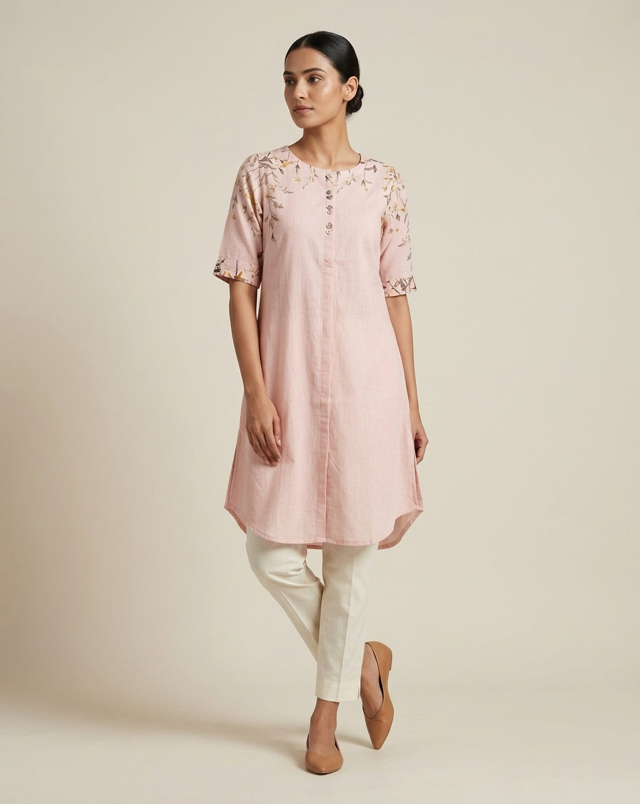 Blush Pink Floral Embroidered Cotton Straight Kurta