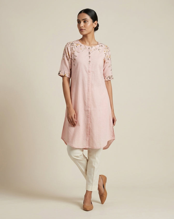 Blush Pink Floral Embroidered Cotton Straight Kurta