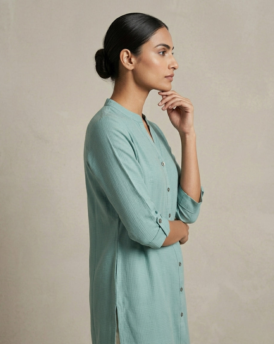 Seafoam Green Solid Cotton Straight Kurta with Mandarin Collar
