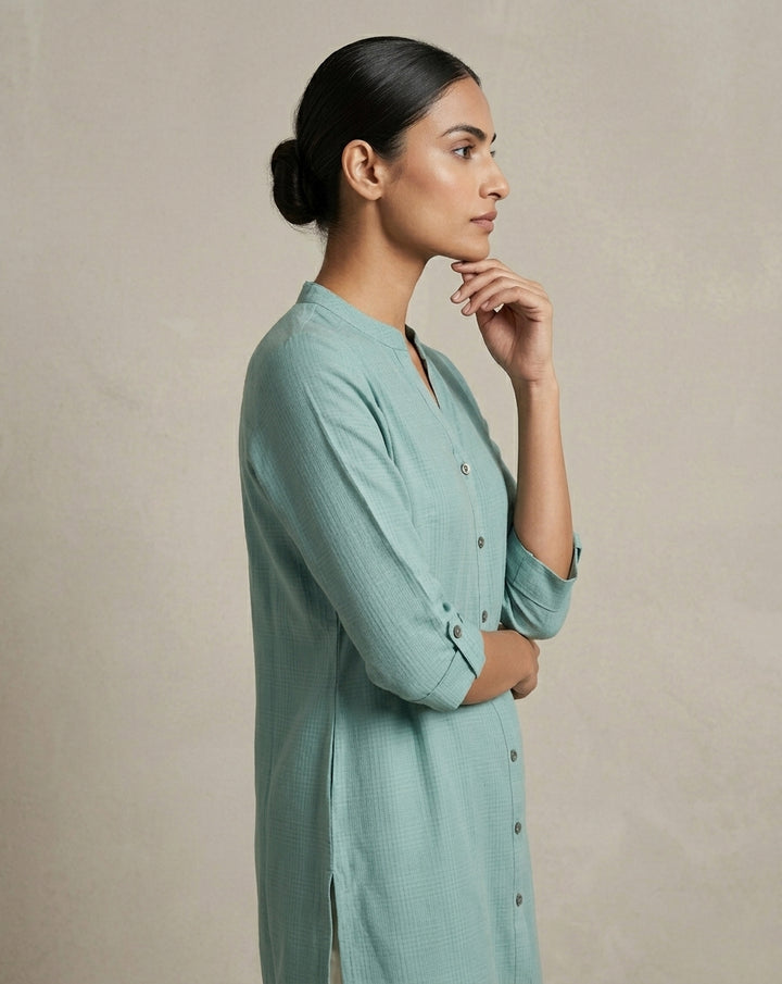 Seafoam Green Solid Cotton Straight Kurta with Mandarin Collar
