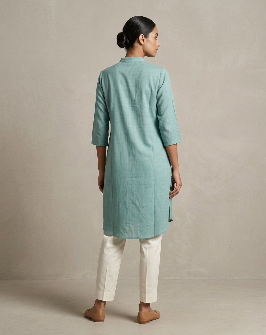 Seafoam Green Solid Cotton Straight Kurta with Mandarin Collar