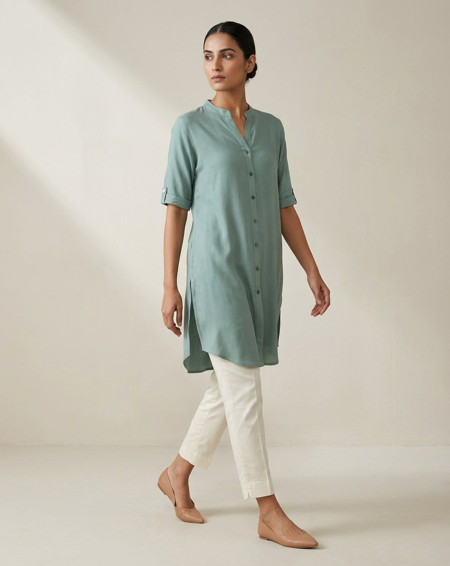 Seafoam Green Solid Cotton Straight Kurta with Mandarin Collar