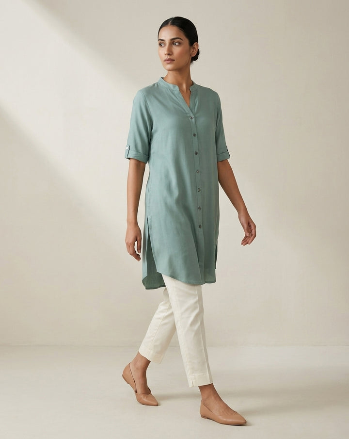 Seafoam Green Solid Cotton Straight Kurta with Mandarin Collar