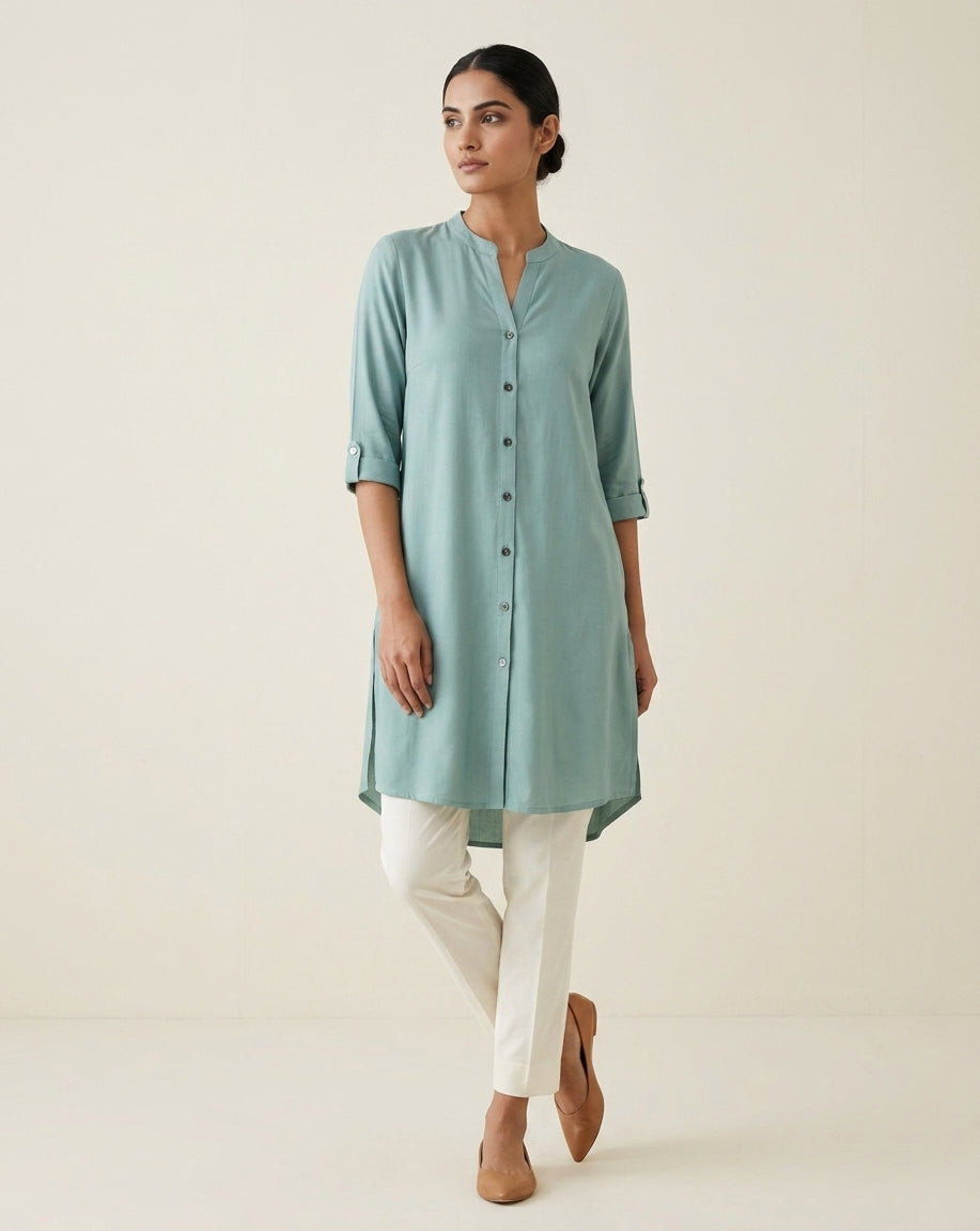 Seafoam Green Solid Cotton Straight Kurta with Mandarin Collar