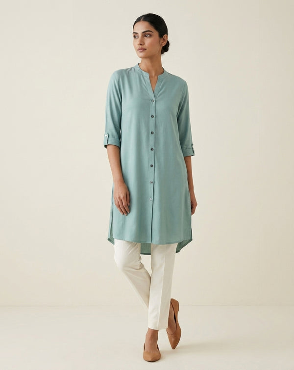 Seafoam Green Solid Cotton Straight Kurta with Mandarin Collar
