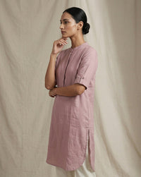 Dusty Rose Solid Cotton Straight Kurta with Mandarin Collar 4