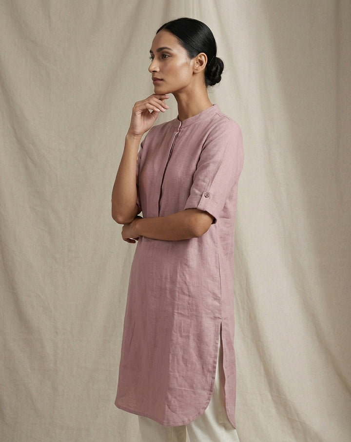 Dusty Rose Solid Cotton Straight Kurta with Mandarin Collar
