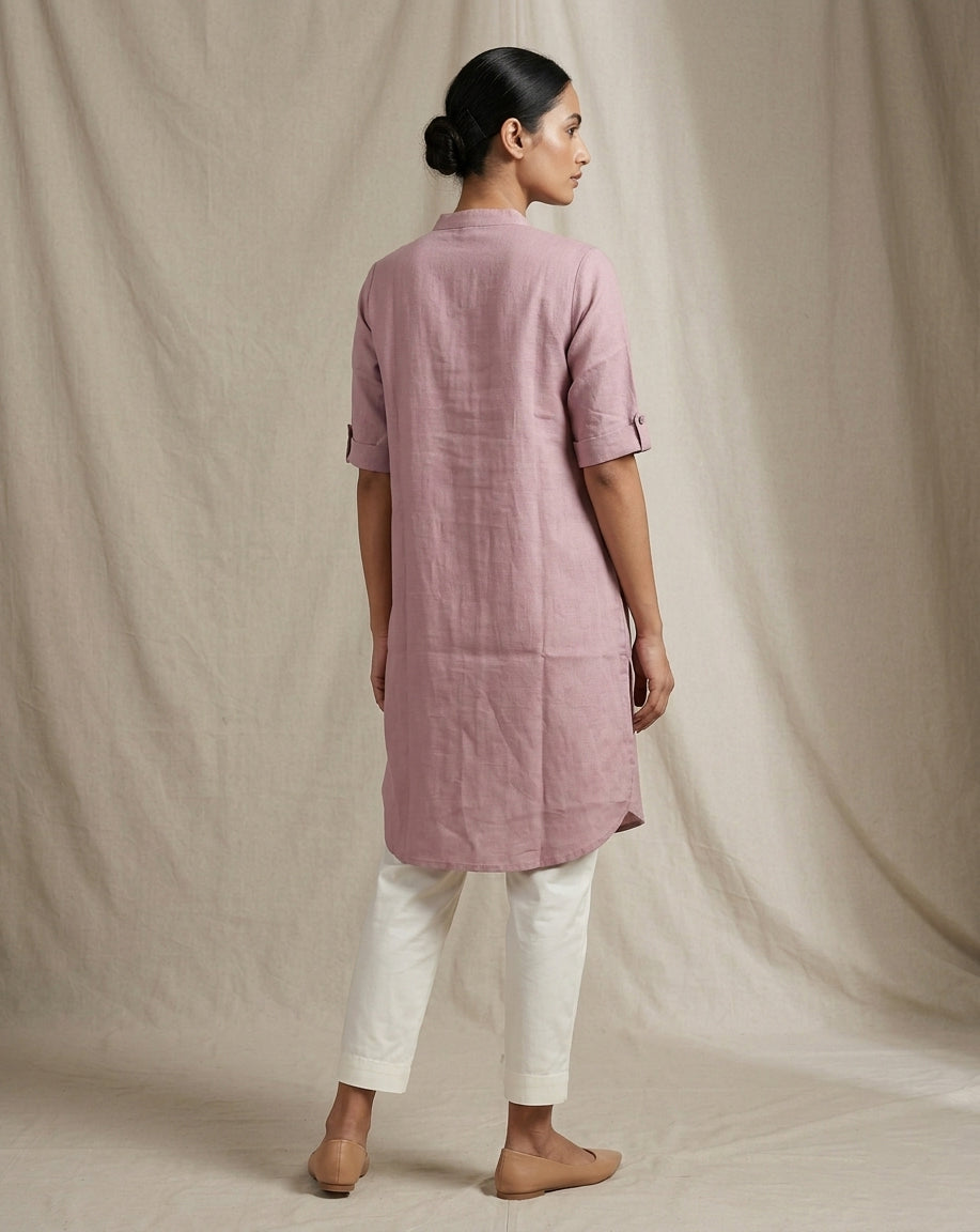 Dusty Rose Solid Cotton Straight Kurta with Mandarin Collar