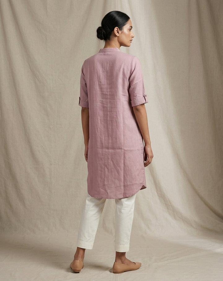 Dusty Rose Solid Cotton Straight Kurta with Mandarin Collar