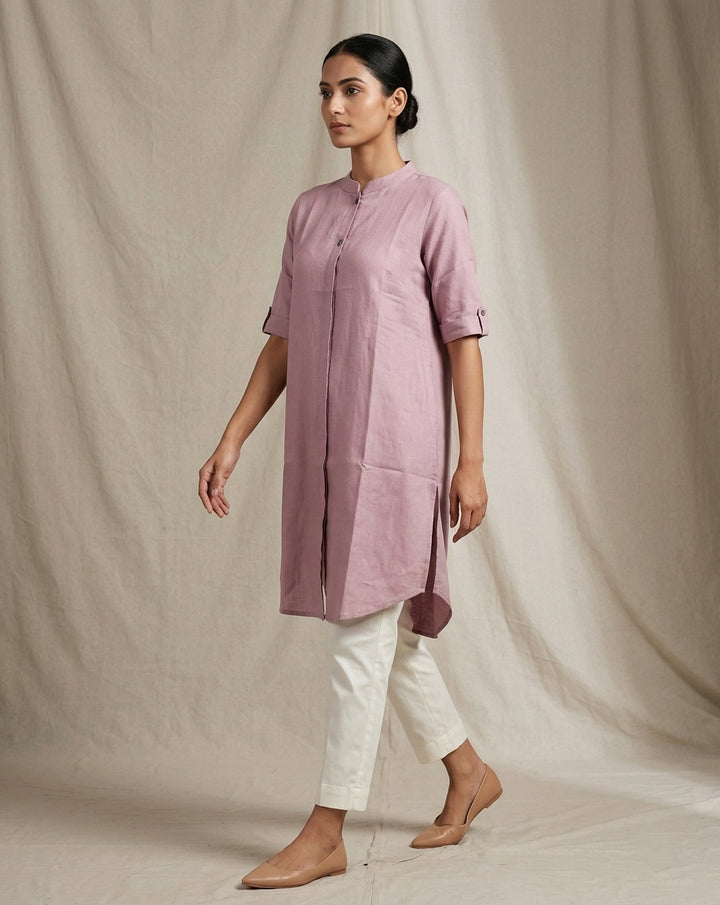 Dusty Rose Solid Cotton Straight Kurta with Mandarin Collar