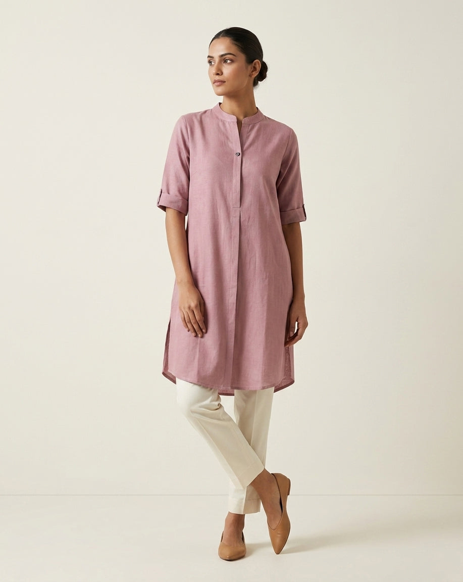 Dusty Rose Solid Cotton Straight Kurta with Mandarin Collar