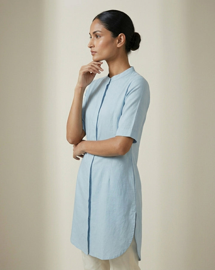 Powder Blue Solid Cotton Straight Kurta with Mandarin Collar