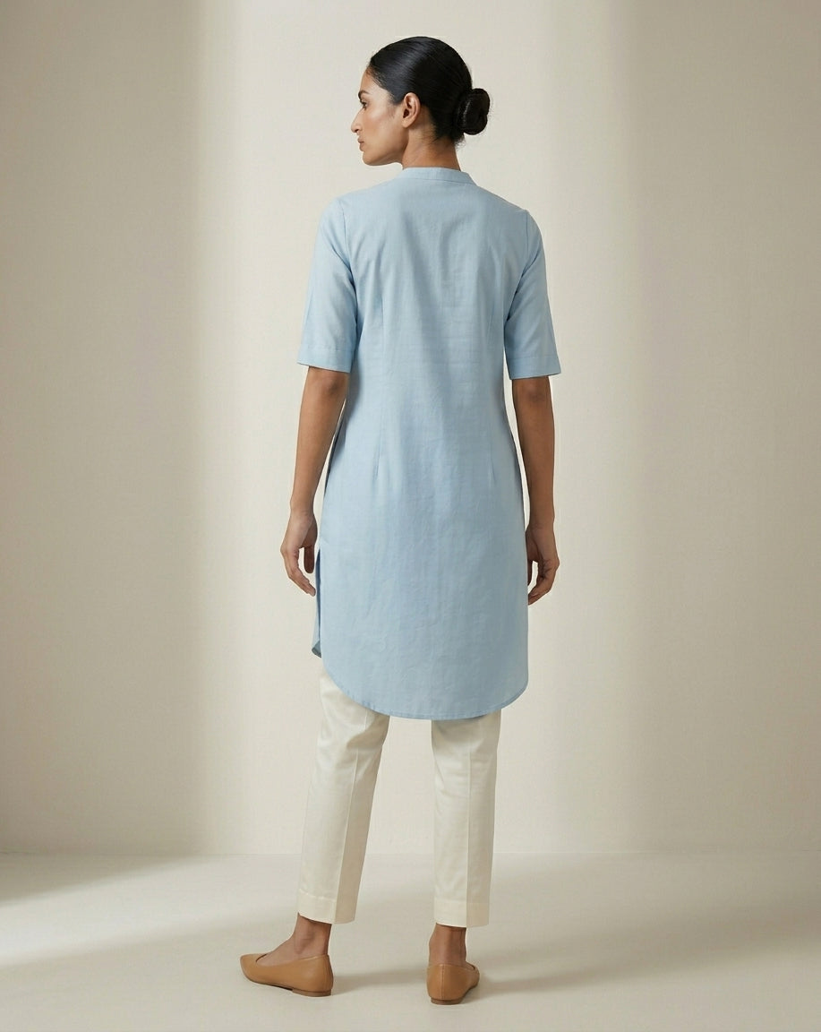 Powder Blue Solid Cotton Straight Kurta with Mandarin Collar