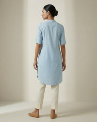 Powder Blue Solid Cotton Straight Kurta with Mandarin Collar 2