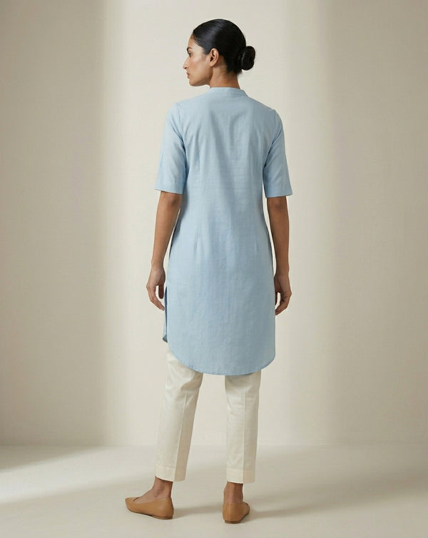 Powder Blue Solid Cotton Straight Kurta with Mandarin Collar