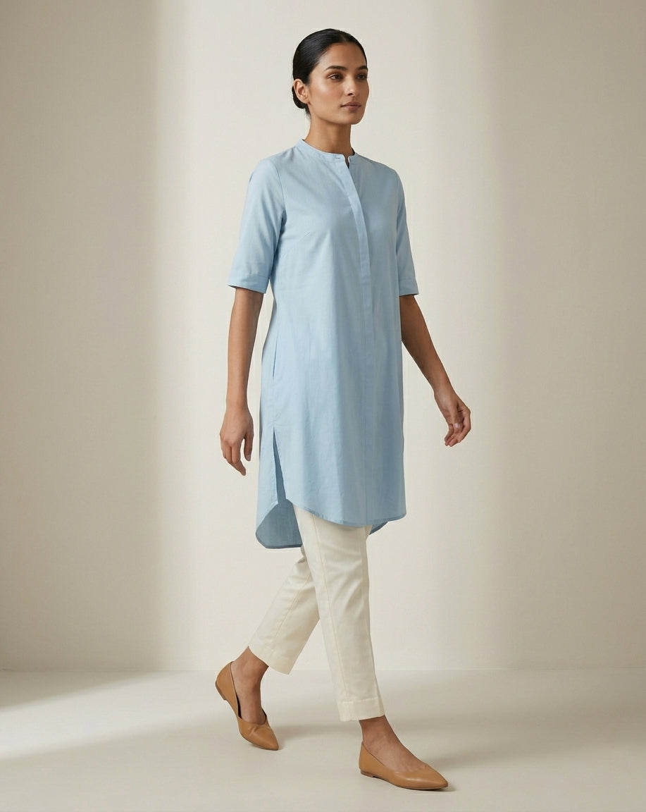 Powder Blue Solid Cotton Straight Kurta with Mandarin Collar