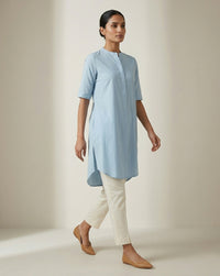 Powder Blue Solid Cotton Straight Kurta with Mandarin Collar 4