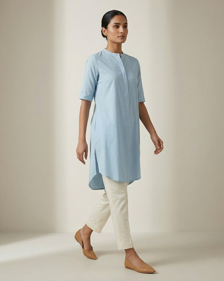 Powder Blue Solid Cotton Straight Kurta with Mandarin Collar