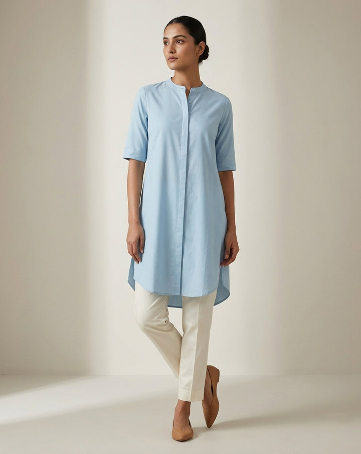 Powder Blue Solid Cotton Straight Kurta with Mandarin Collar