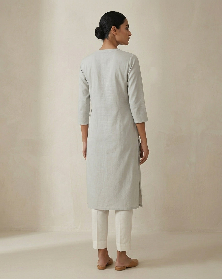 Light Grey Solid Cotton Straight Kurta with Mandarin Collar