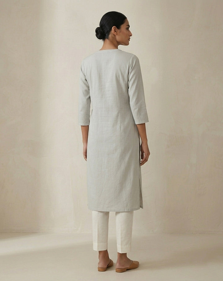 Light Grey Solid Cotton Straight Kurta with Mandarin Collar