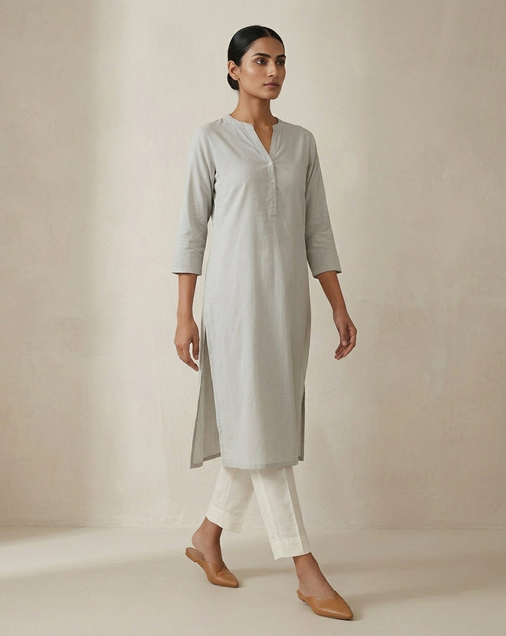 Light Grey Solid Cotton Straight Kurta with Mandarin Collar