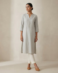 Light Grey Solid Cotton Straight Kurta with Mandarin Collar 4