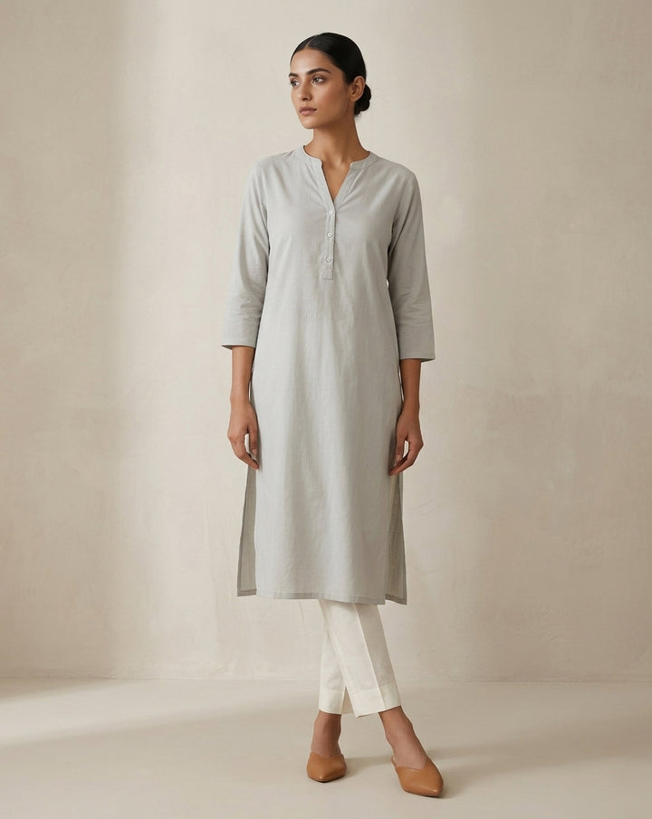 Light Grey Solid Cotton Straight Kurta with Mandarin Collar