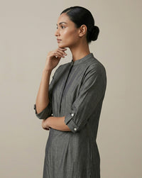 Charcoal Grey Solid Cotton-Silk Straight Kurta with Mandarin Collar 1