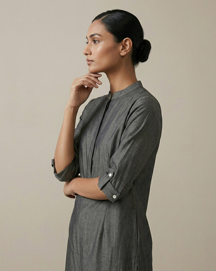 Charcoal Grey Solid Cotton-Silk Straight Kurta with Mandarin Collar