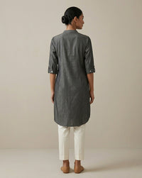 Charcoal Grey Solid Cotton-Silk Straight Kurta with Mandarin Collar 2