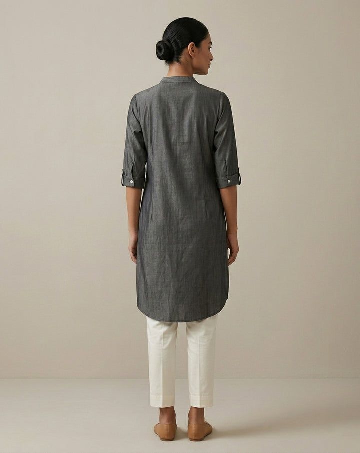 Charcoal Grey Solid Cotton-Silk Straight Kurta with Mandarin Collar