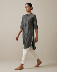 Charcoal Grey Solid Cotton-Silk Straight Kurta with Mandarin Collar 3