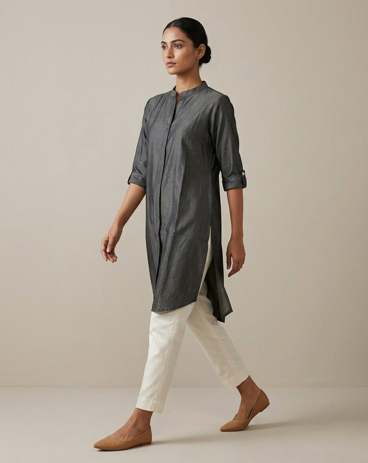 Charcoal Grey Solid Cotton-Silk Straight Kurta with Mandarin Collar