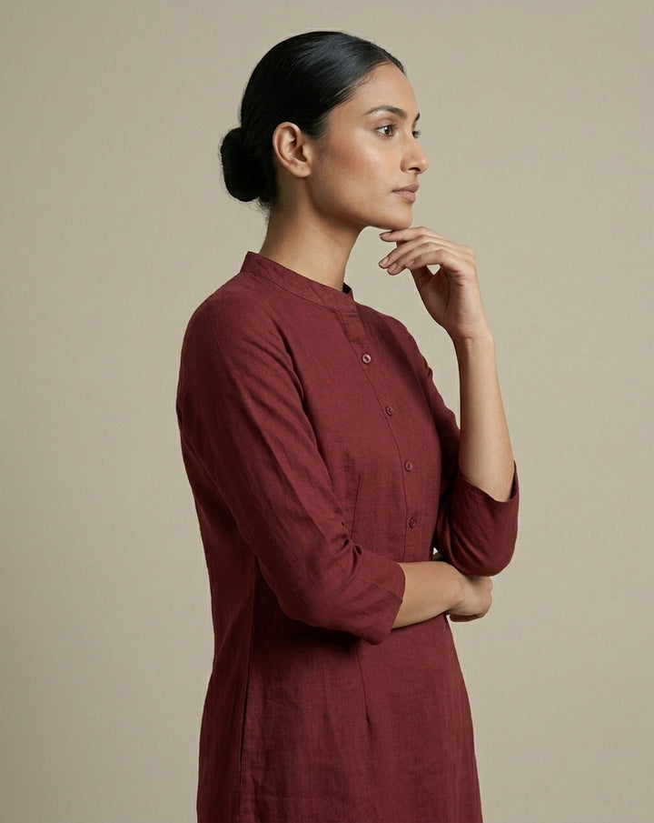 Deep Maroon Solid Cotton Straight Kurta with Mandarin Collar