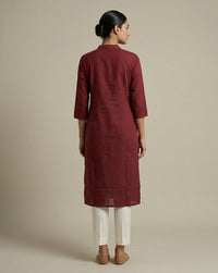 Deep Maroon Solid Cotton Straight Kurta with Mandarin Collar 2