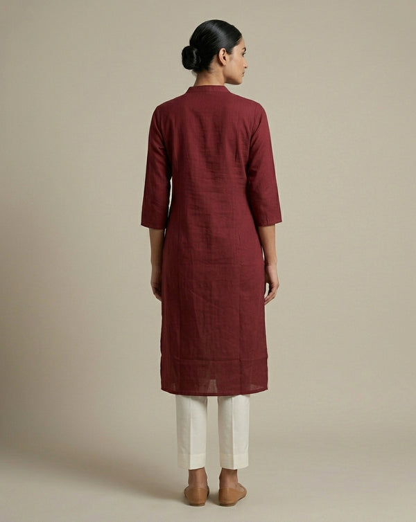 Deep Maroon Solid Cotton Straight Kurta with Mandarin Collar